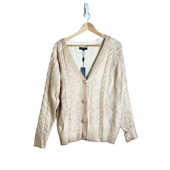 NWT Beulah Style Brielle Champagne Cable Knit Gold Metallic Cardigan Size All - Picture 2 of 14